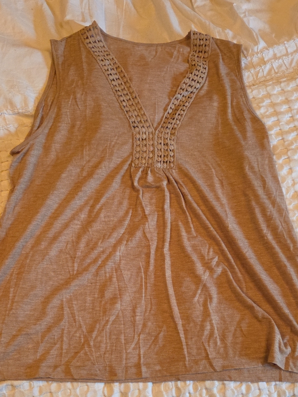 Sleeveless V-Neck Crochet Trim Top - Taupe